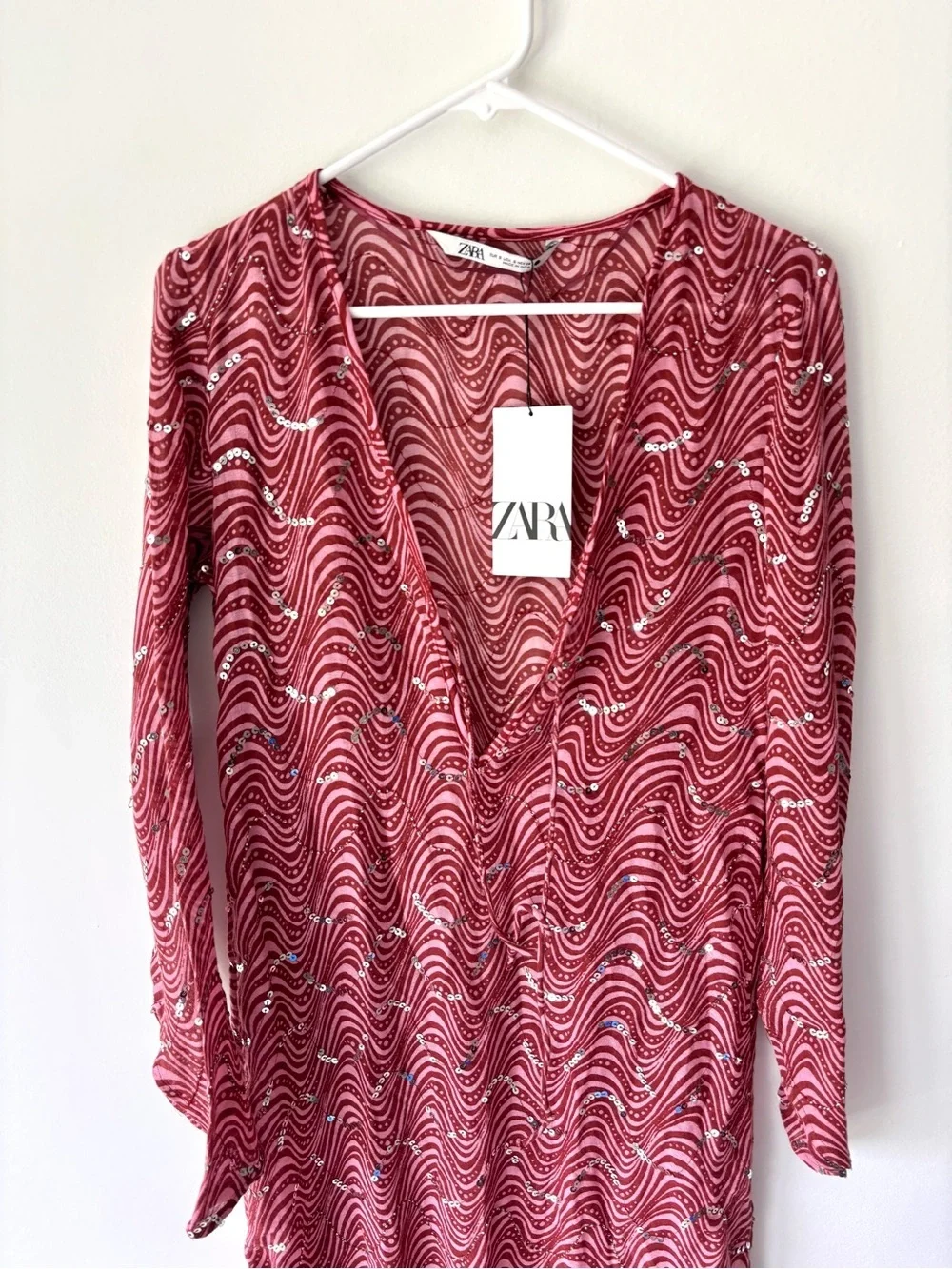 Zara Pink Sequins Beaded Swirl Printed Midi Dress Sheer Deep V Neck Tie Front